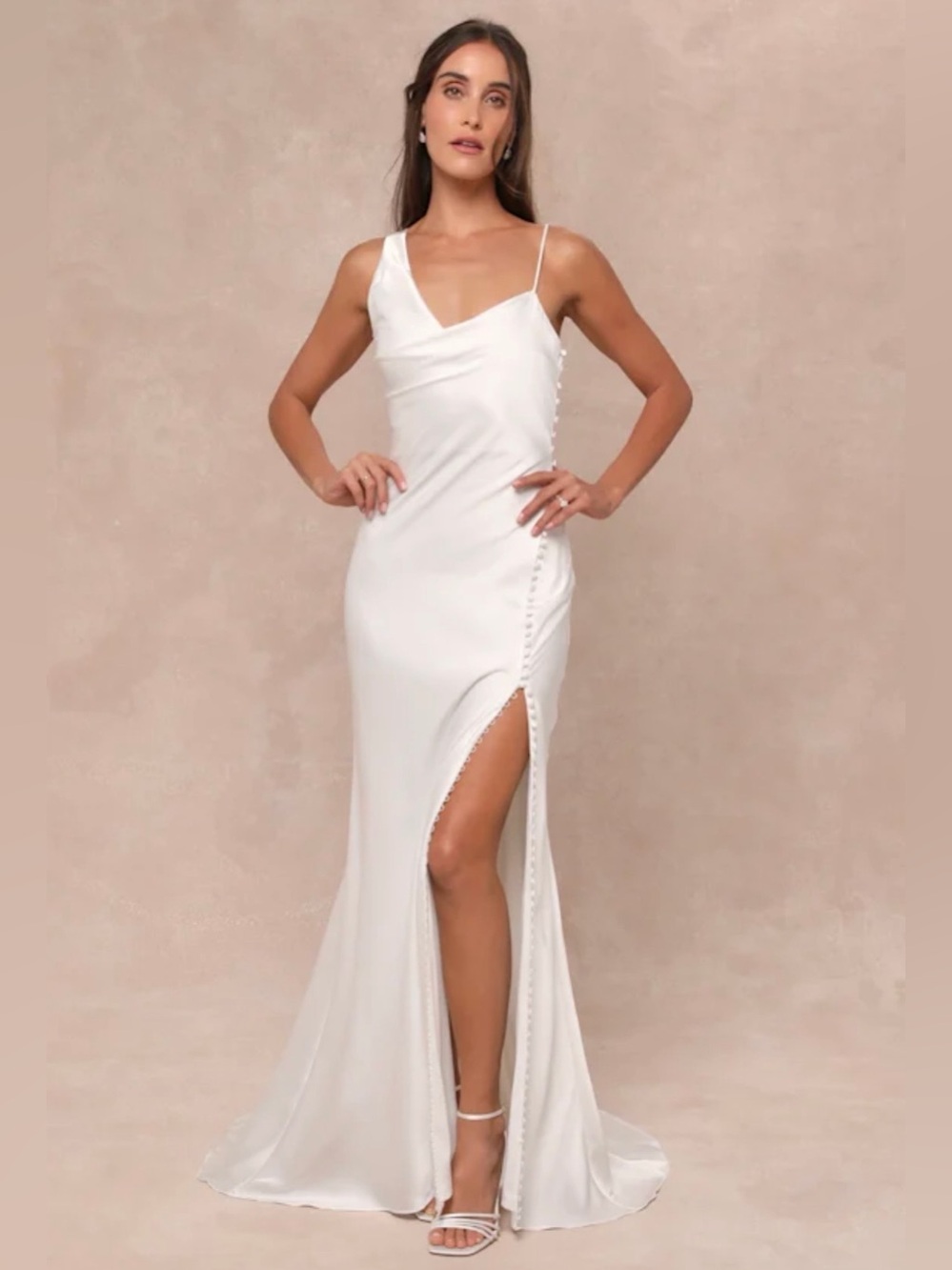 NWT Lulus White Satin Asymmetrical Button Down Slit Wedding Dress Medium
